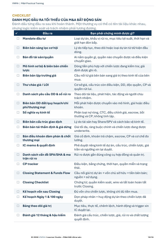 Real Estate M&A Output Checklist